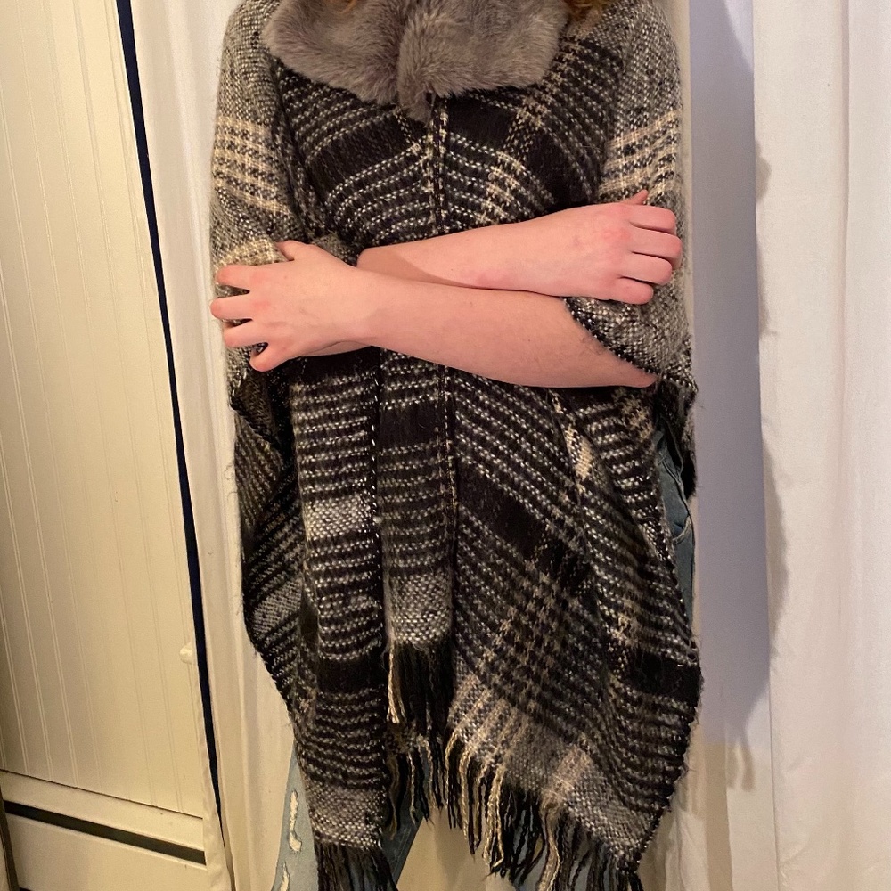 Flannel Cape with Fur Collar